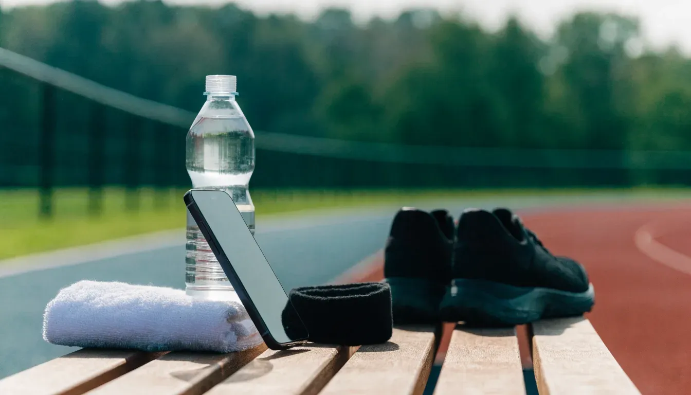 Ein Smartphone mit dunklem Bildschirm lehnt an einer Wasserflasche, daneben stehen Laufschuhe auf einer Bank am Sportplatz.