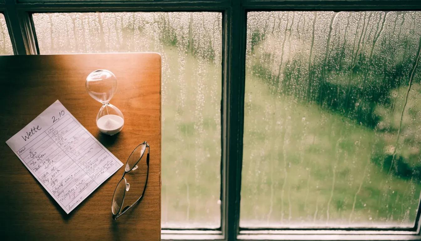 Eine Sanduhr steht auf einem Holztisch neben einer Brille, hinter dem Fenster laufen Regentropfen über das Glas.