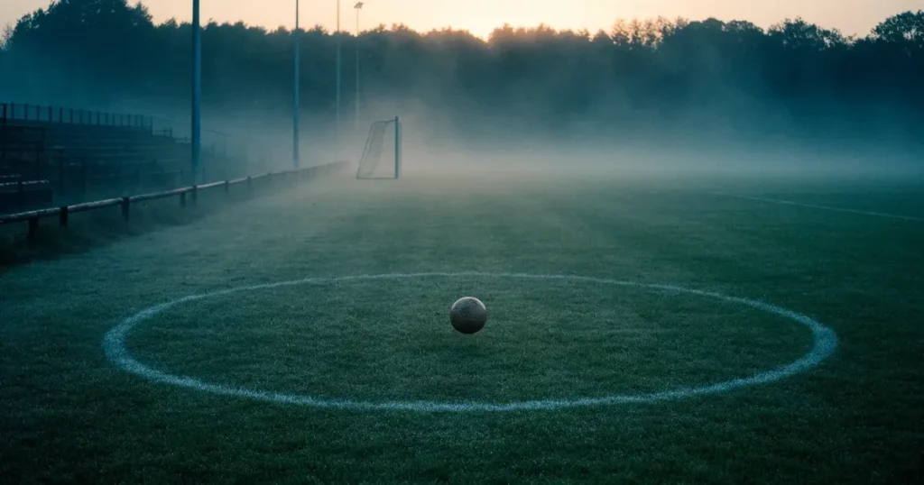 Ein Fussballplatz im Morgennebel, im Mittelkreis liegt ein einzelner Ball und der Rasen glänzt vom Tau.