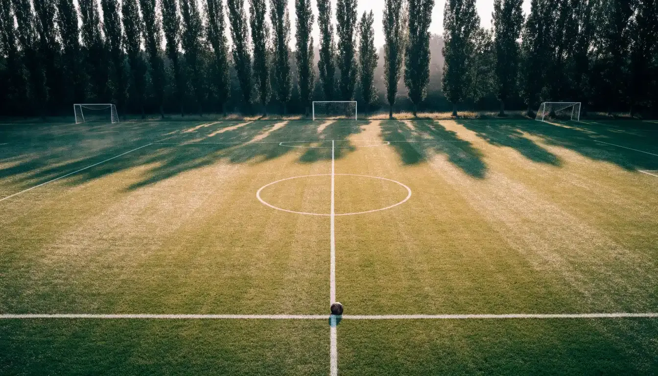Ein leerer Fussballplatz mit weissen Linien von oben gesehen im Morgenlicht, am Rand stehen zwei Tore und eine Reihe Pappeln.