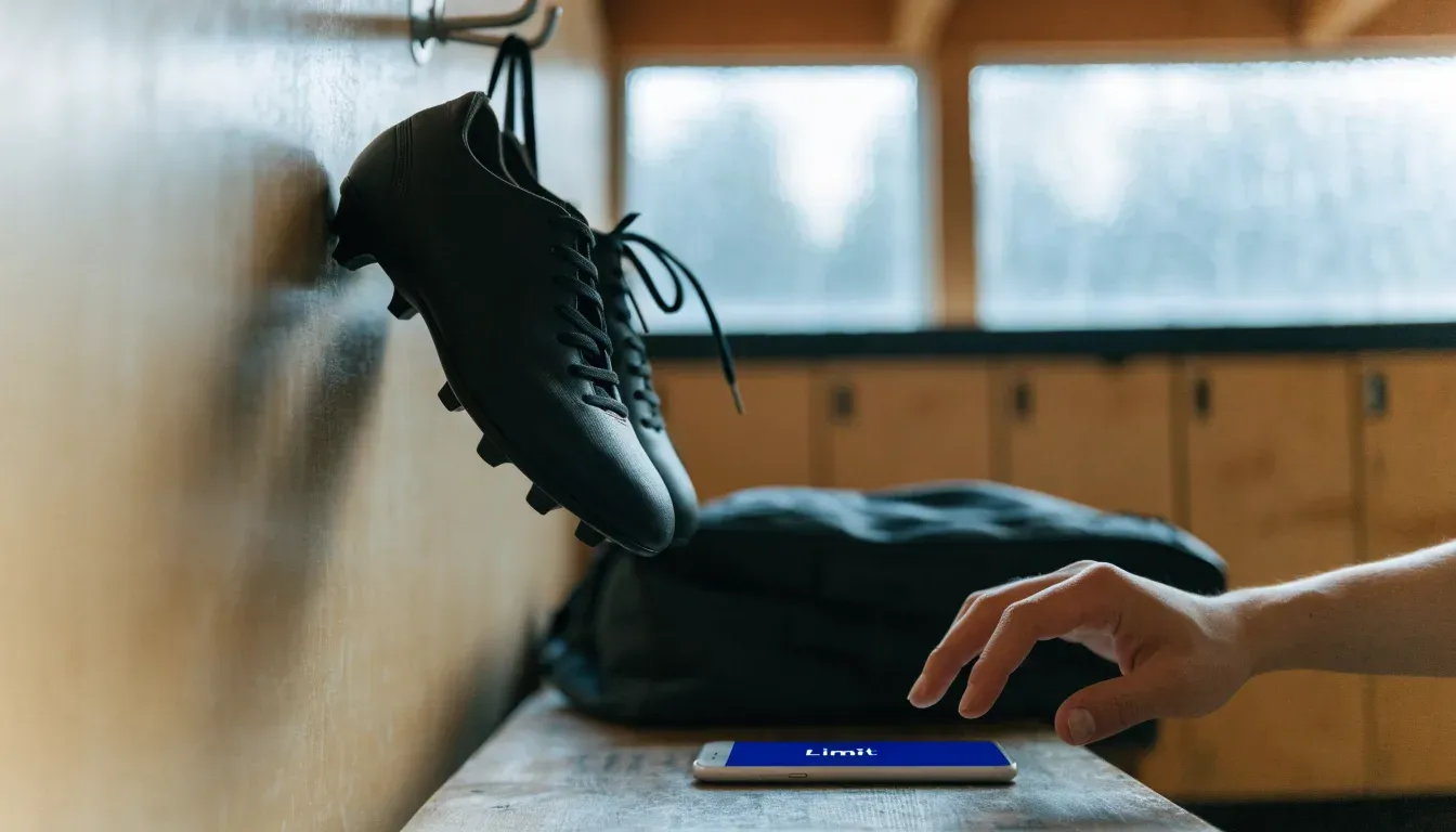 Ein Paar Fussballschuhe hängt an einem Haken in einer ruhigen Umkleide, darunter steht eine Sporttasche auf einer Holzbank.