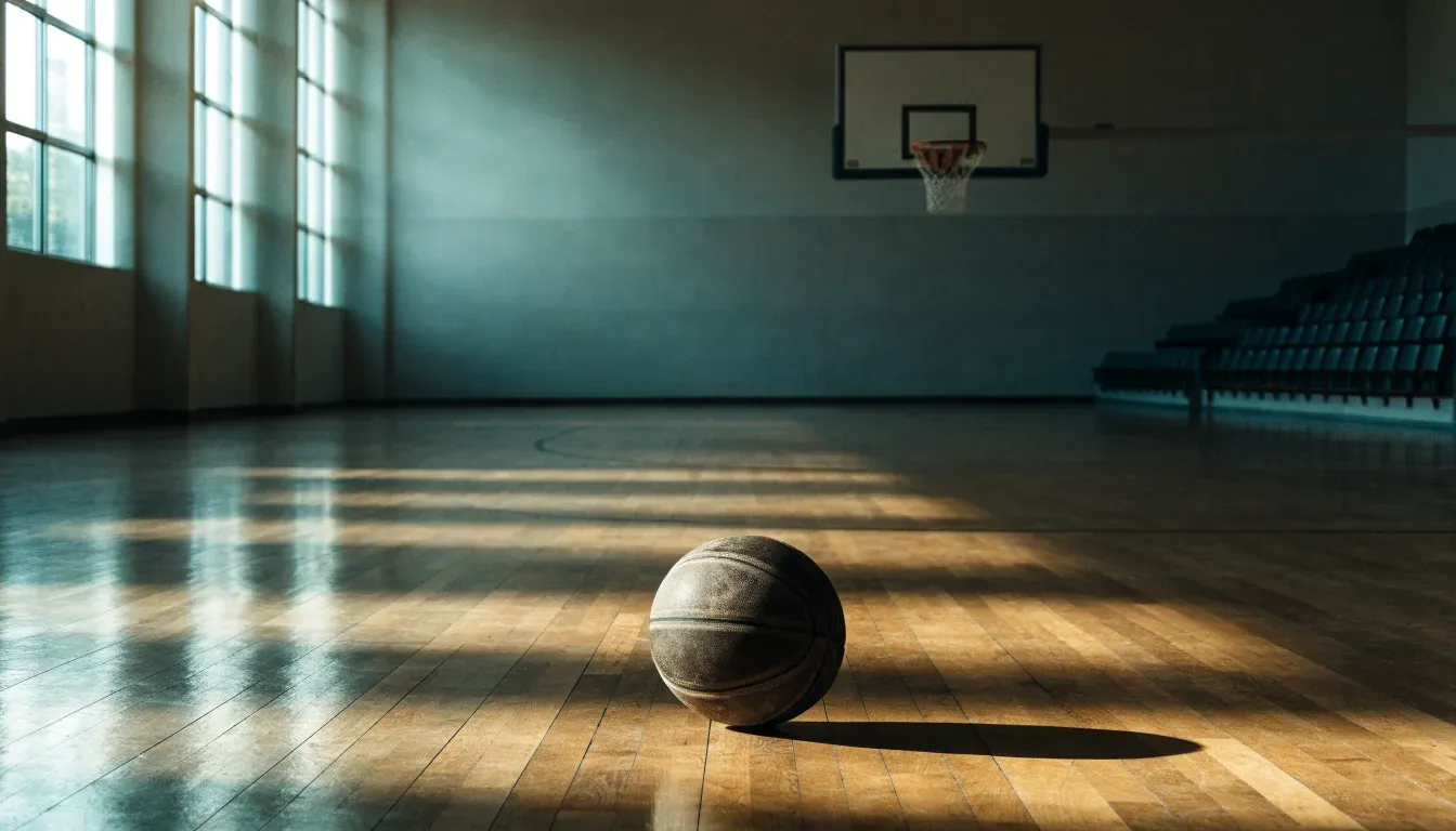 Ein Basketball liegt unter dem Korb in einer leeren Sporthalle, durch hohe Fenster fällt Tageslicht auf das Parkett.