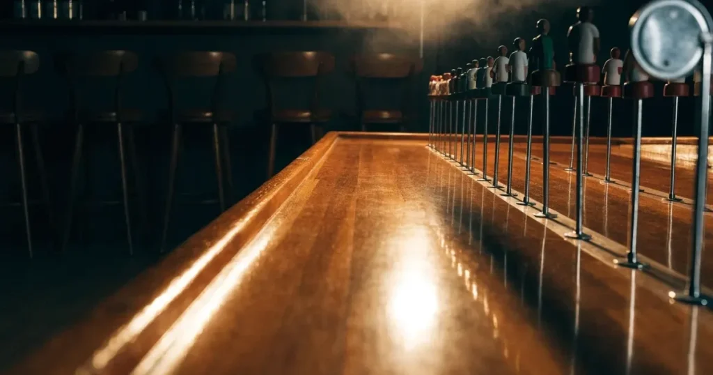 Ein hölzerner Tischfussball steht in einer leeren Bar, die Stangen mit den Figuren glänzen im Gegenlicht einer Lampe.