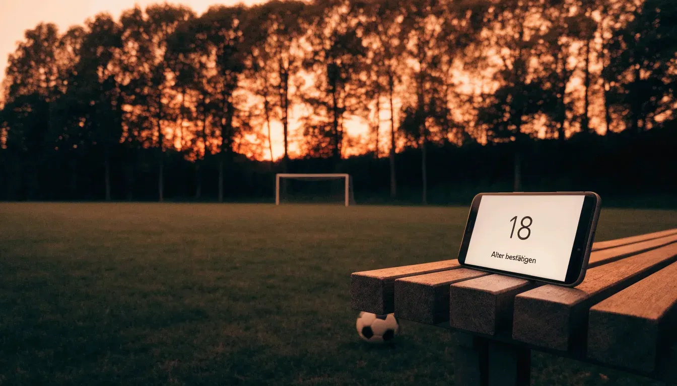 Ein Fussballtor ohne Netz steht auf einer Wiese am Waldrand, die Abenddämmerung färbt den Himmel orange.