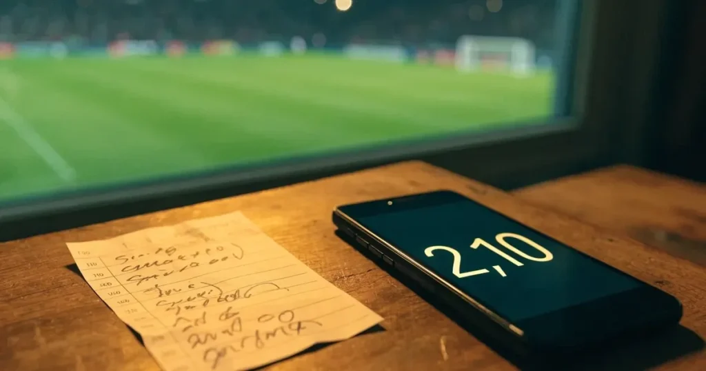 Ein Fernglas liegt auf einer leeren Holzbank an der Seitenlinie eines Fussballfelds, vom Rasen steigt Nebel auf.