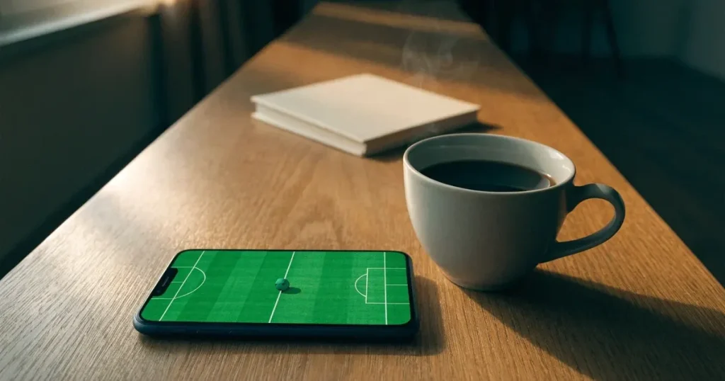 Ein Smartphone mit dunklem Display liegt auf einem Holztisch neben einer Kaffeetasse, durch das Fenster fällt warmes Abendlicht.