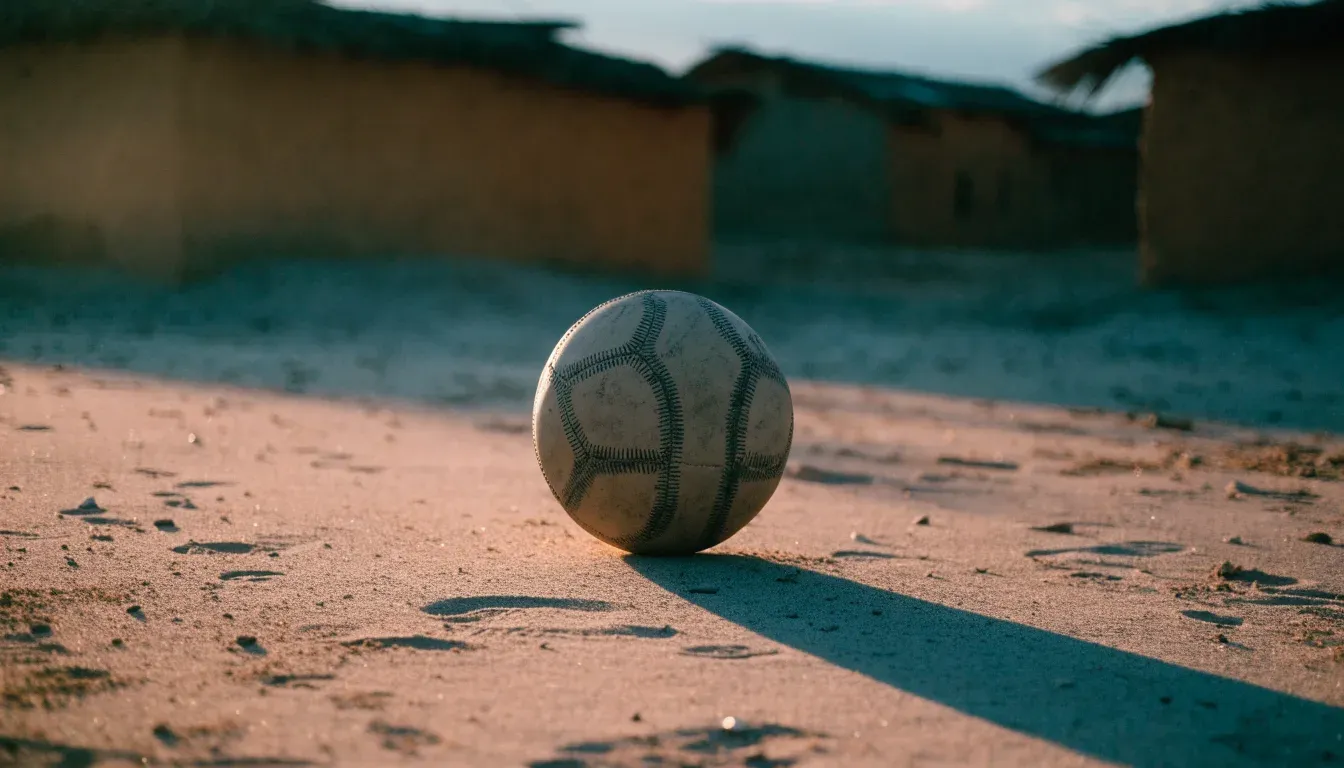 Ein Fussball liegt auf rotbraunem Sand am Rand eines Dorfes, die Abendsonne wirft lange Schatten.