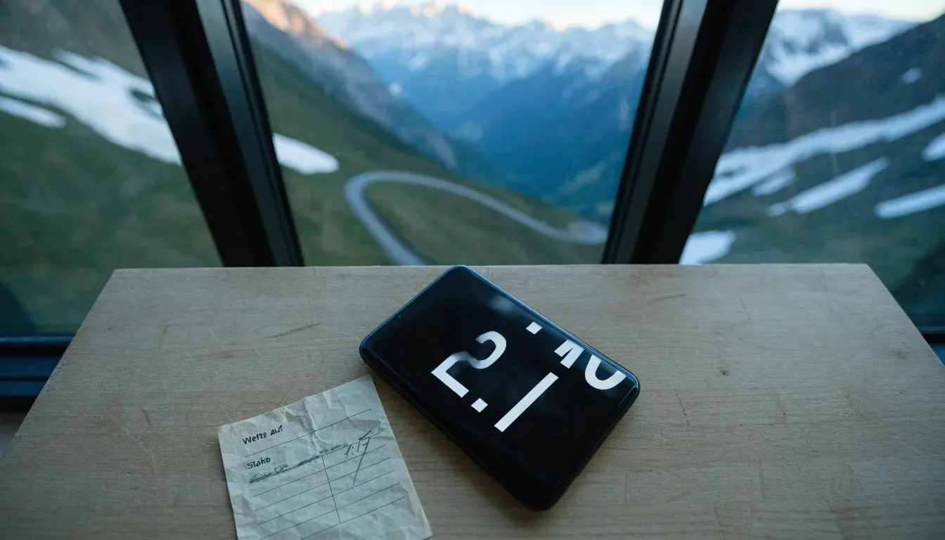 Ein Bergpass in den Schweizer Alpen mit leerer Strasse und Schneeresten am Rand im ersten Frühlicht.