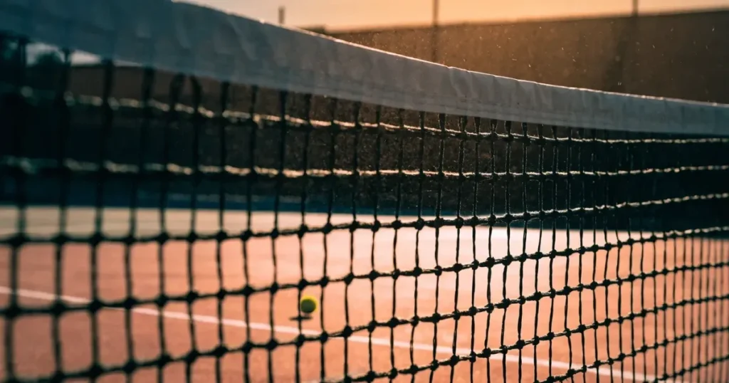 Ein Tennisnetz in Nahaufnahme im Gegenlicht der tiefstehenden Sonne, feine Staubkörner schweben über dem Platz.