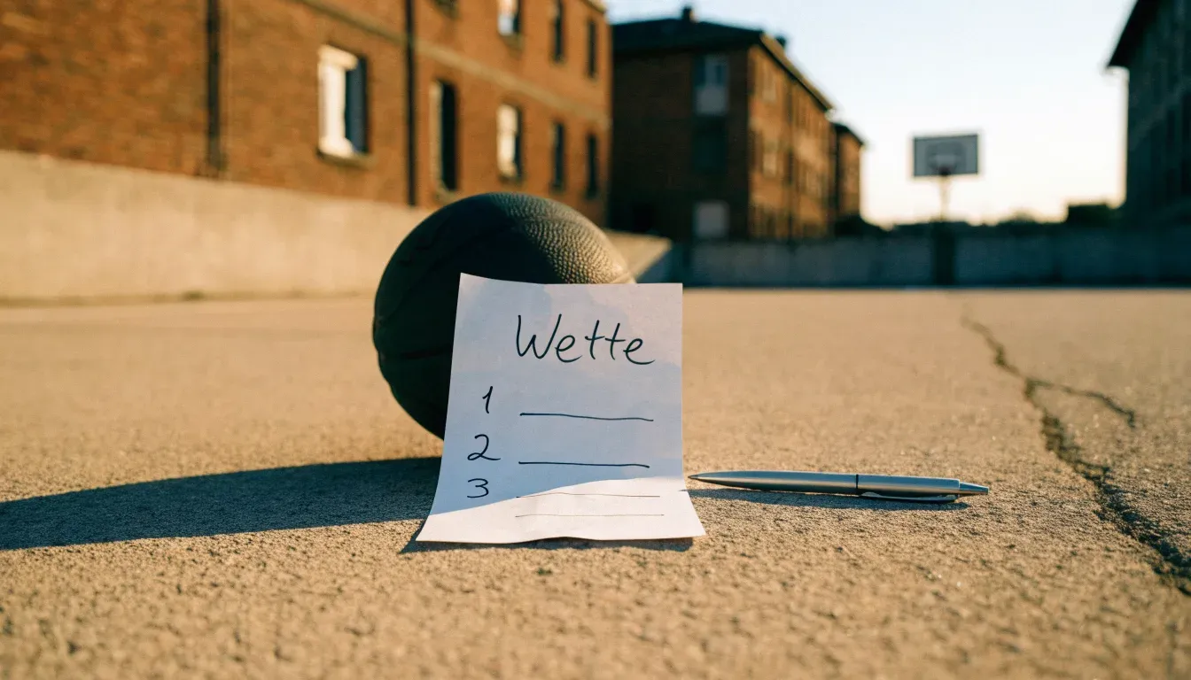 Ein Basketball liegt auf einem Asphaltplatz in einem Hinterhof zwischen Wohnblöcken, das Abendlicht färbt die Wände warm.