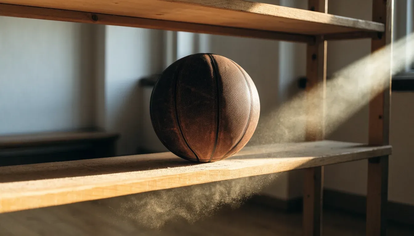 Ein abgenutzter Lederball liegt auf einem Holzregal in einem Vereinsraum, ein Sonnenstrahl macht den Staub sichtbar.