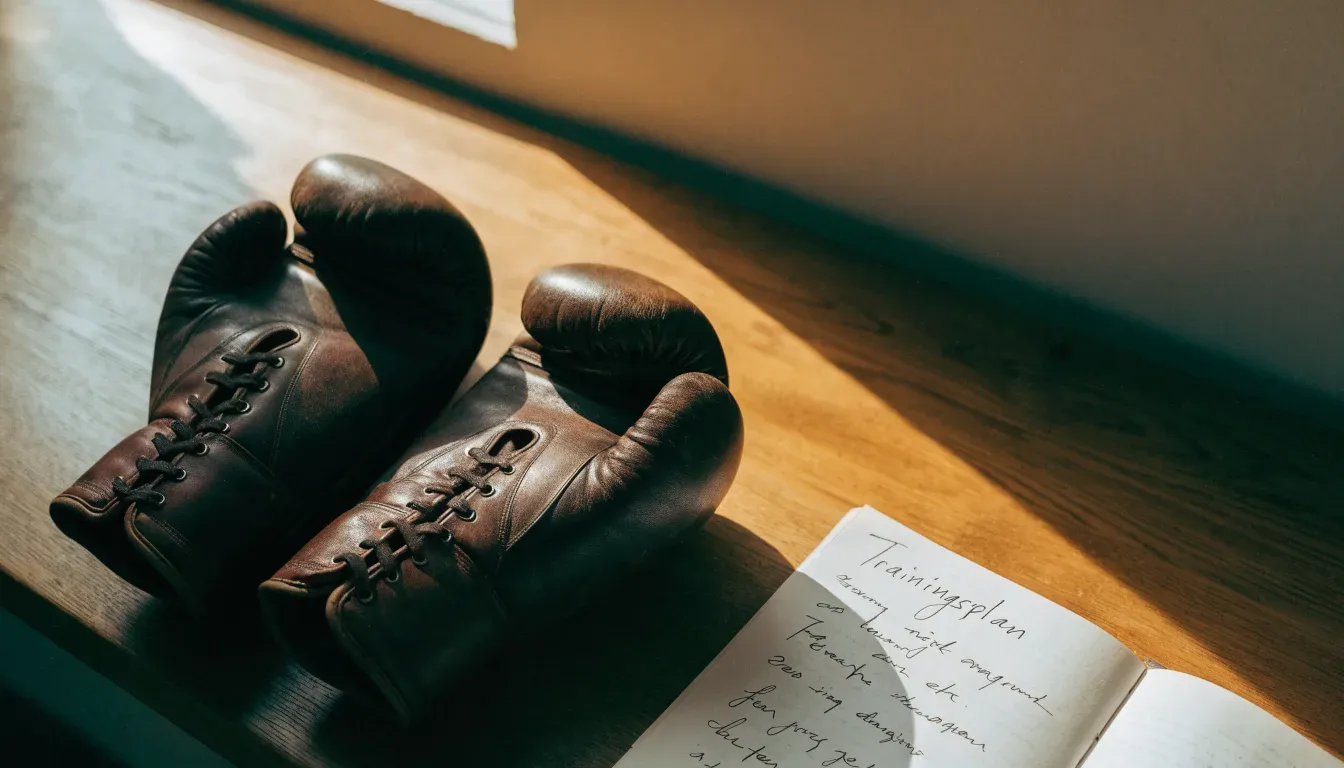 Ein Paar Boxhandschuhe aus Leder liegt auf einer Holzbank neben einem Notizbuch mit handgeschriebenen Zeilen, warmes Fensterlicht