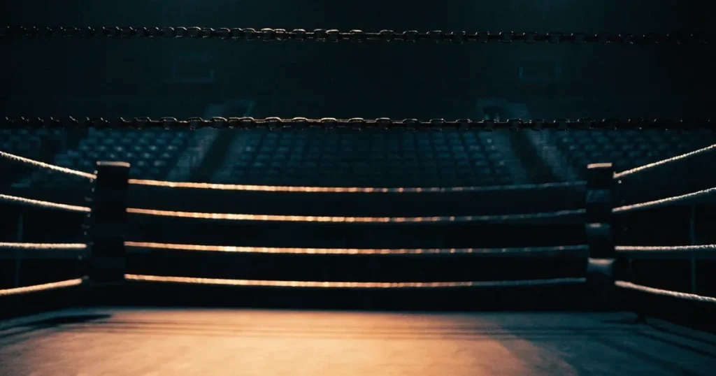 Ein leerer Boxring mit gespannten Seilen unter hellem Hallenlicht, dahinter ansteigende Zuschauerränge in einer grossen dunklen Halle
