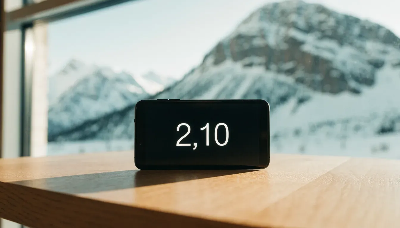 Ein Smartphone mit dunklem Bildschirm liegt auf einem Holztisch vor einem Fenster mit Blick auf schneebedeckte Gipfel