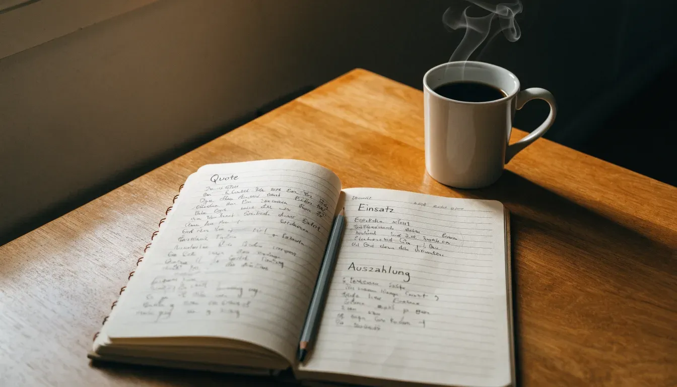 Ein aufgeschlagenes Notizbuch mit handgeschriebenen Spalten und ein Bleistift neben einer Tasse Kaffee auf einem Holztisch am Morgen