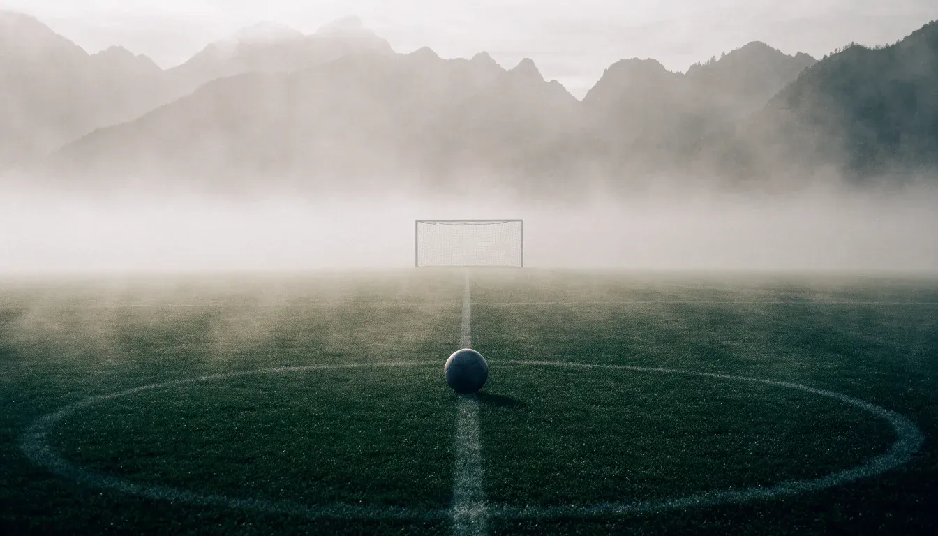 Ein einzelner Fussball auf dem Mittelpunkt eines leeren Rasens im Morgennebel, hinter dem Tor ragen Berge auf