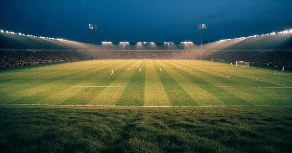 Ein Fussballstadion bei Flutlicht von einer Anhöhe aus gesehen, der Rasen leuchtet grün unter dunklem Abendhimmel