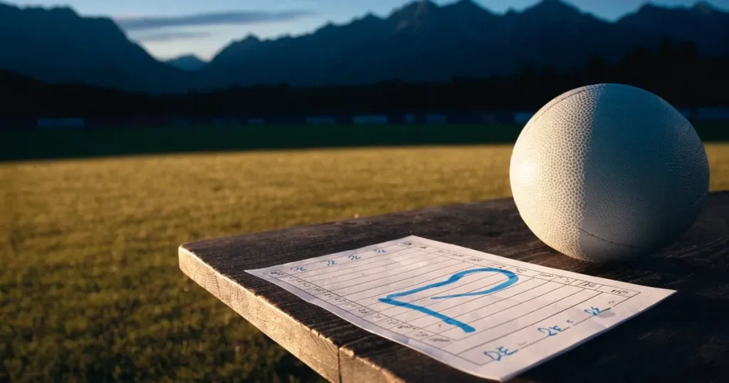 Ein Fussball auf einem staubigen Rasenstück in der Abendsonne, im Hintergrund eine hohe Bergkette