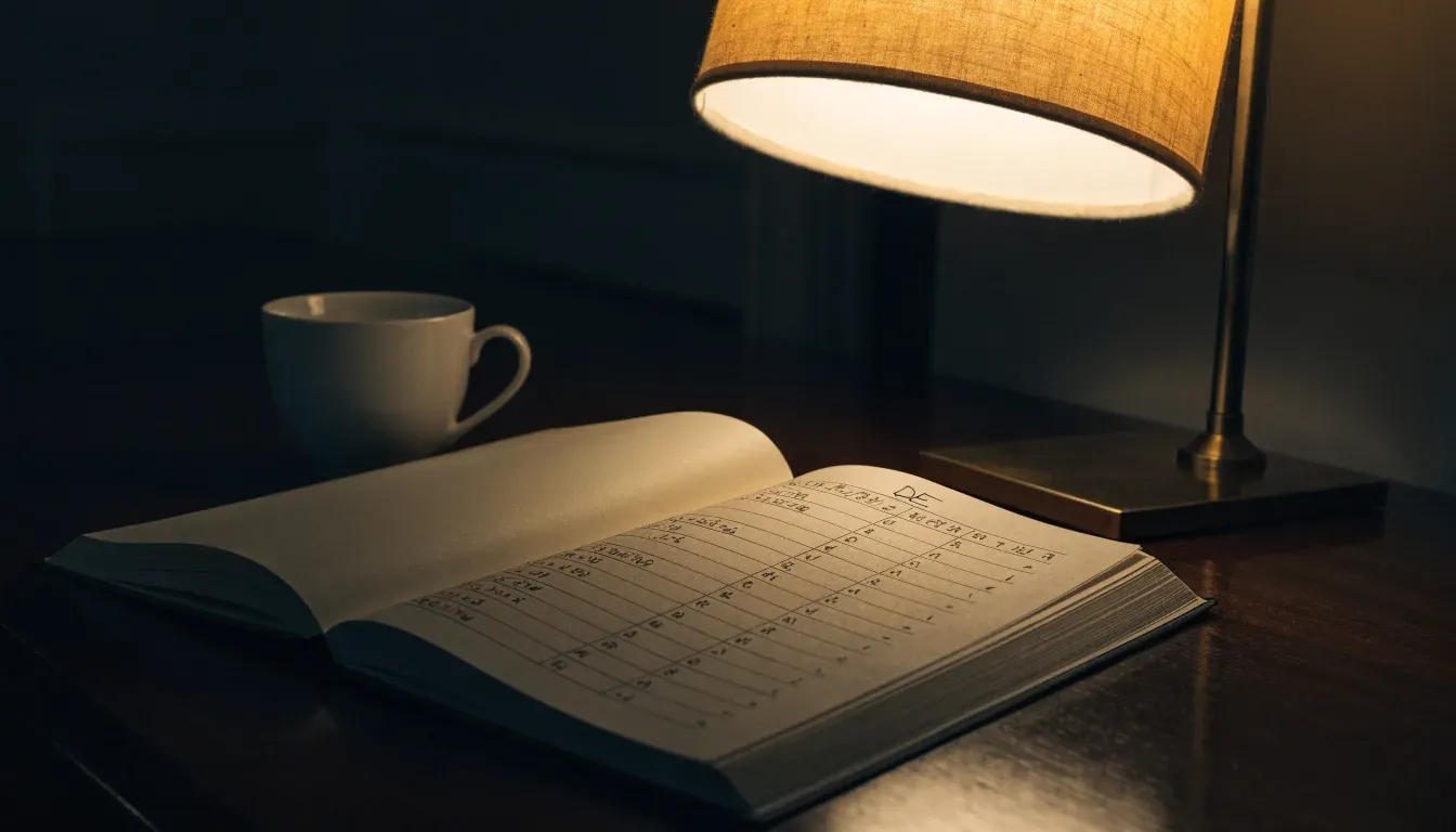 Ein Notizbuch mit handschriftlichen Einträgen und eine Tasse Tee stehen auf einem Tisch neben einer Stehlampe