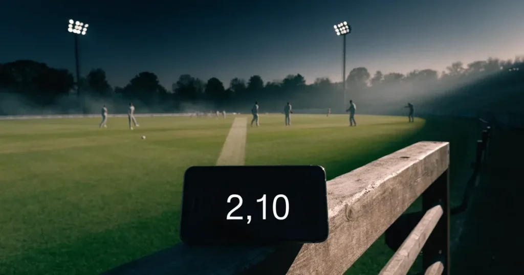 Ein ovales Cricketfeld mit gemähtem Rasen und hellem Mittelstreifen am frühen Morgen, Nebel zwischen den Bäumen am Rand