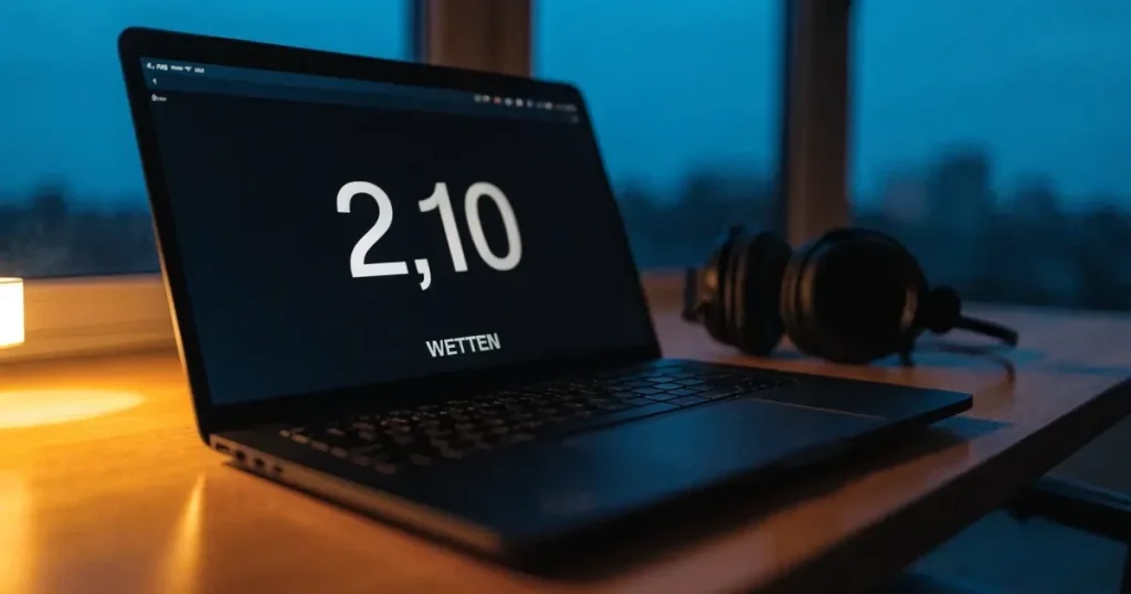 Ein Headset und eine Computermaus liegen auf einem Holzschreibtisch neben einer Tischlampe, draussen ist es Abend