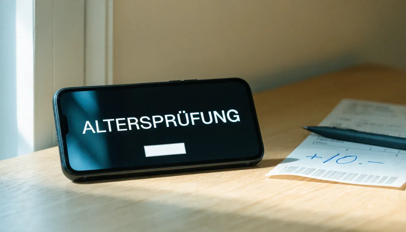 Eine leere Holzbank am Seeufer in der Dämmerung, im Hintergrund dunkle Berge