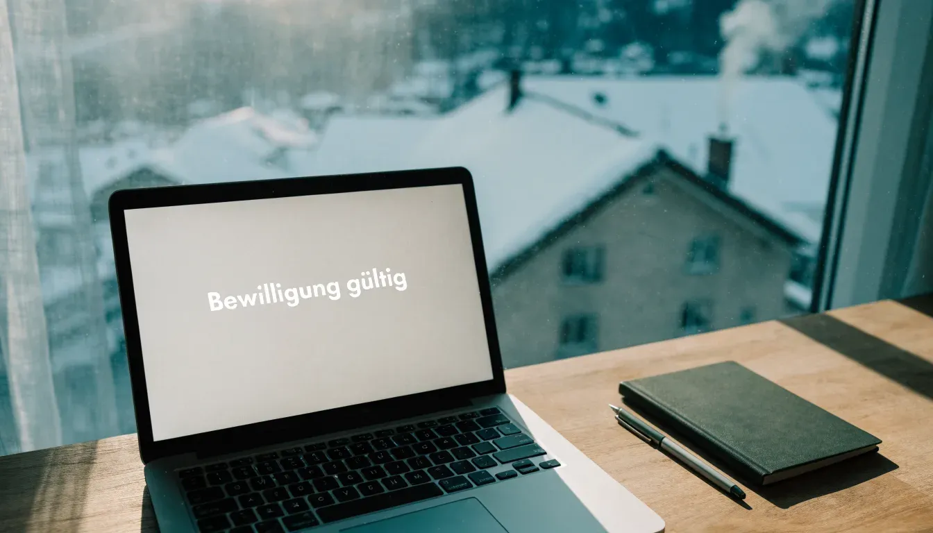 Ein Bergdorf im Schnee am Morgen aus der Ferne gesehen, aus einem Kamin steigt Rauch auf