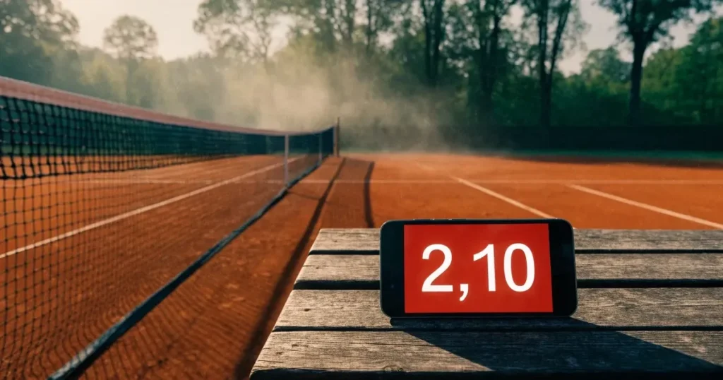 Ein Tennisplatz aus Sand bei Sonnenaufgang mit gespanntem Netz, Nebel zwischen den Bäumen am Rand