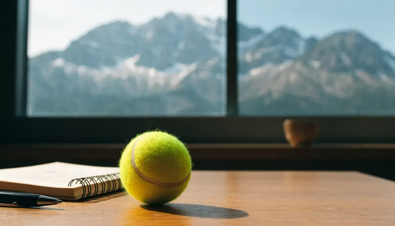 Ein einzelner gelber Tennisball liegt auf einem Holztisch vor einem Fenster mit Alpenblick