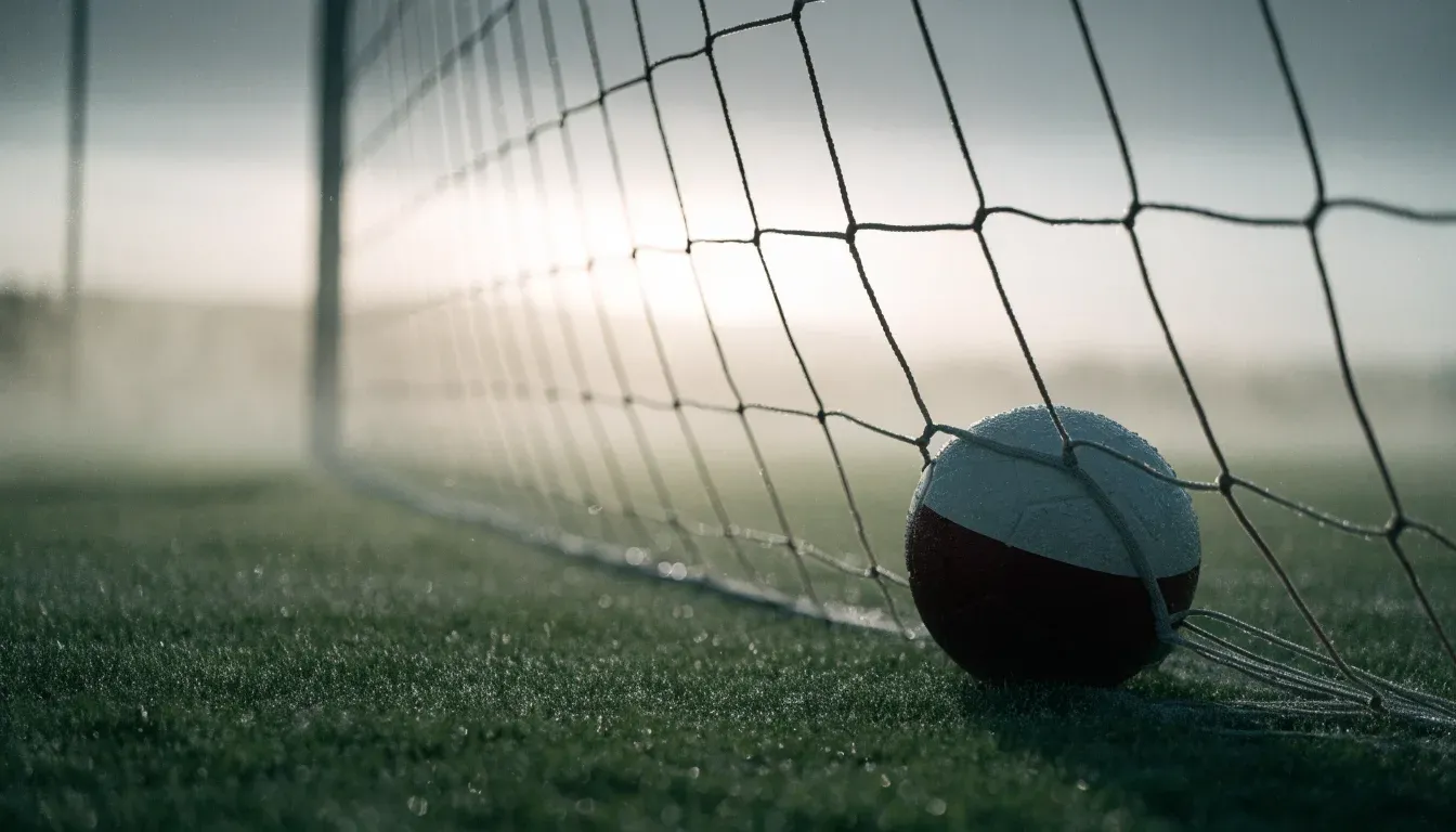 Ein Fussball liegt im Netz hinter einem Tor, weicher Morgennebel hängt über dem Rasen