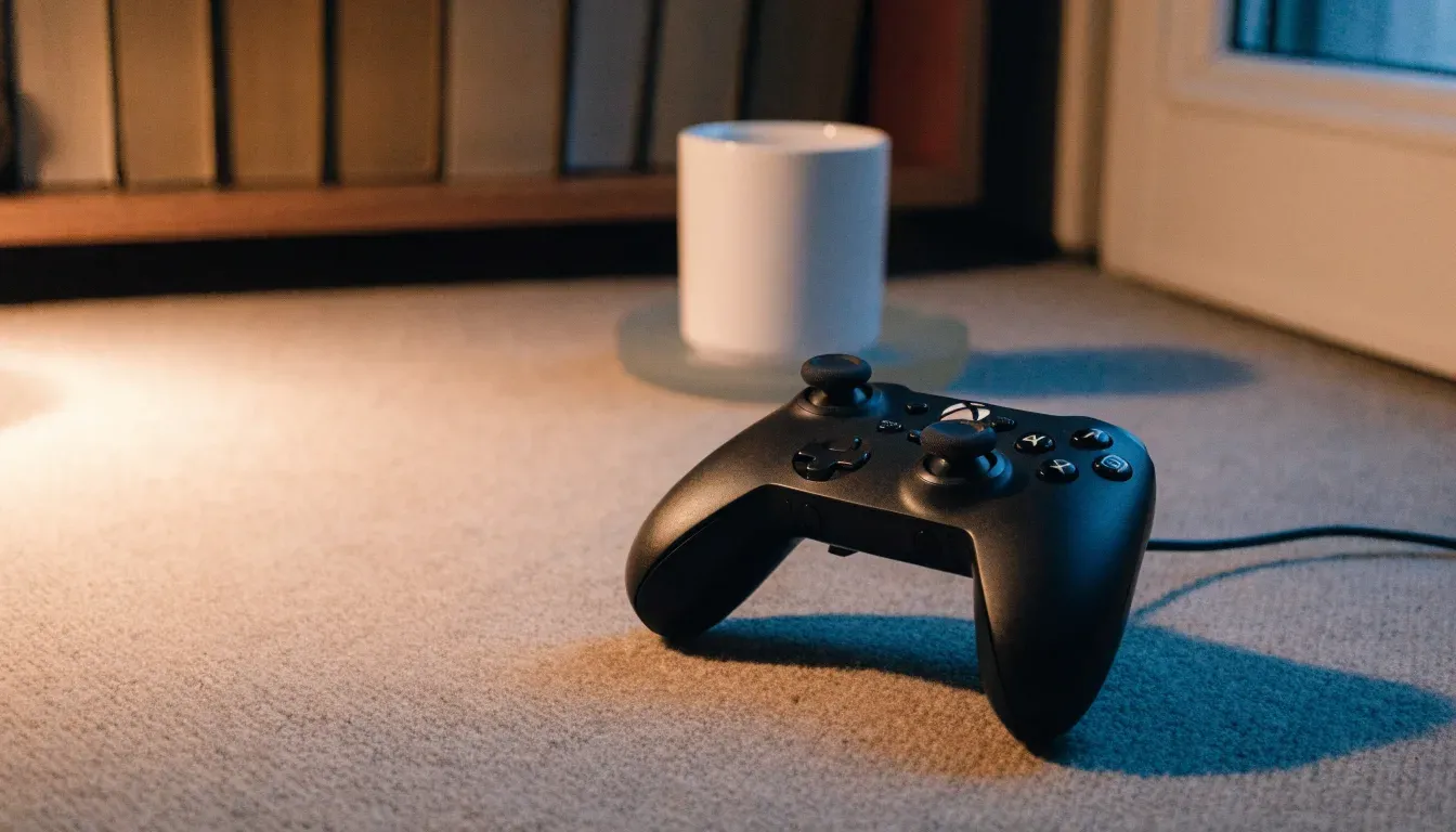 Ein Spielcontroller liegt auf einem Teppich neben einer Tasse, im Hintergrund ein Regal mit Büchern