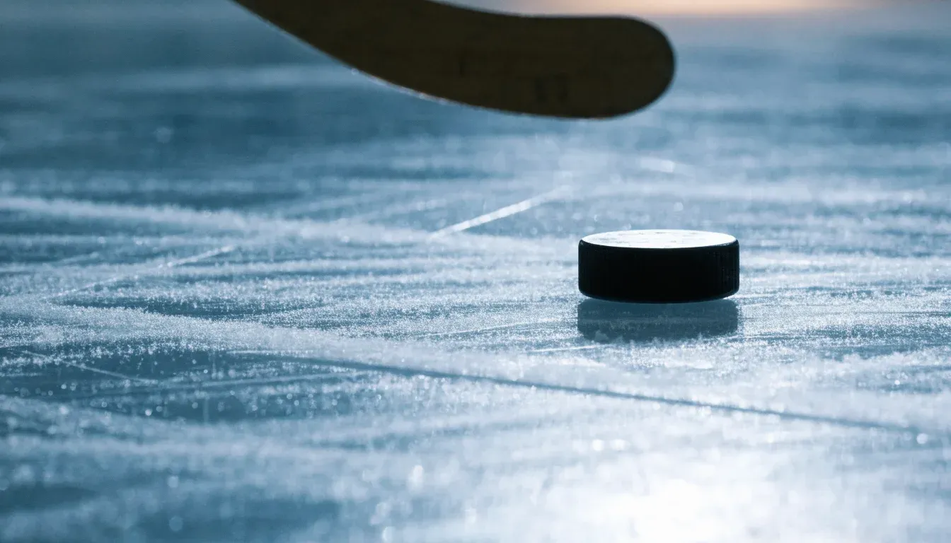Ein Eishockeypuck liegt auf einer Eisfläche mit Kratzspuren, Nahaufnahme mit kühlen Reflexen