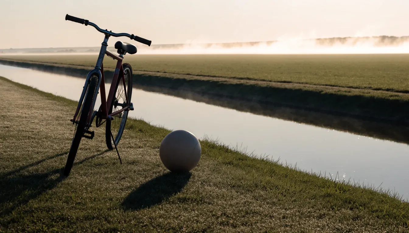 Ein Fussball liegt auf einer Wiese neben einem Fahrrad, im Hintergrund ein Kanal im Morgenlicht