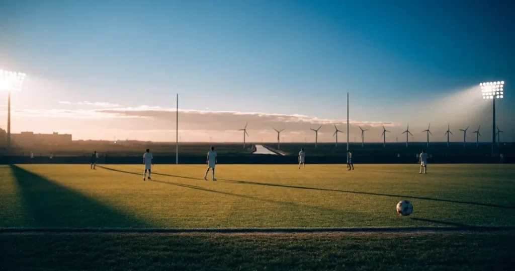 Ein Fussballplatz neben einem Kanal in flachem Land mit Windrädern am Horizont, Abendlicht liegt über dem Rasen