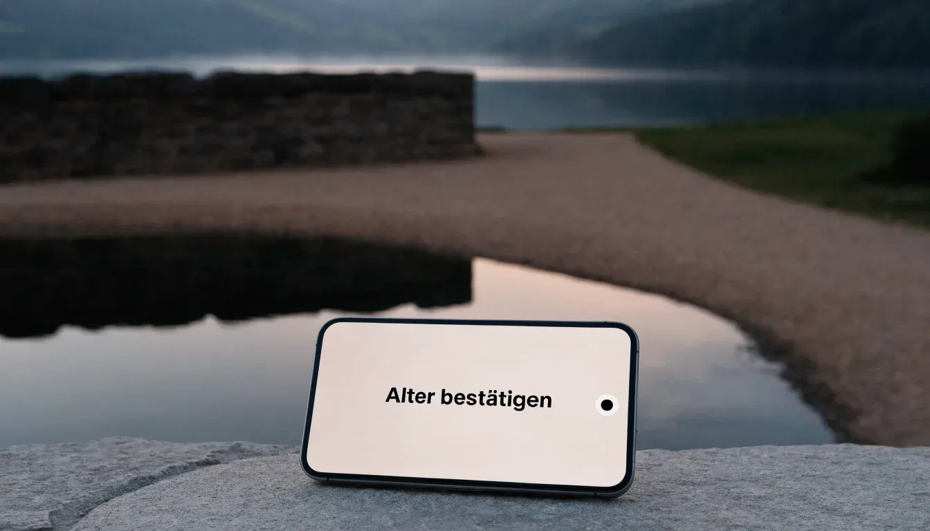 Ein schmaler Wanderweg führt am Seeufer entlang, auf einem Stein liegt ein Smartphone mit dunklem Display