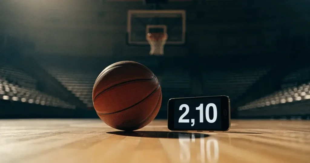 Ein Basketball liegt auf dem hellen Parkett einer leeren Halle, im Hintergrund steigen die Tribünenreihen im Halbdunkel an.