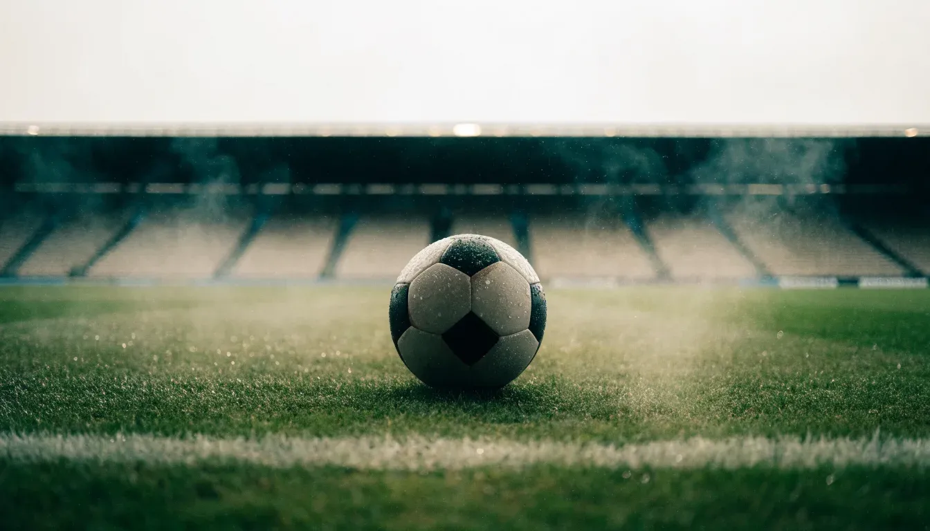 Ein Fussball liegt auf dem Anstosspunkt eines nassen Rasens, dahinter eine leere Tribüne unter grauem Himmel.