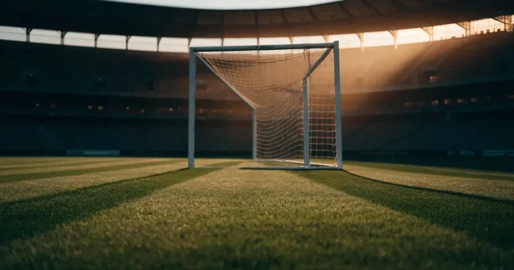 Ein Fussballtor mit weissem Netz steht auf frisch gemähtem Rasen, die hellen und dunklen Streifen im Gras leuchten im Gegenlicht.