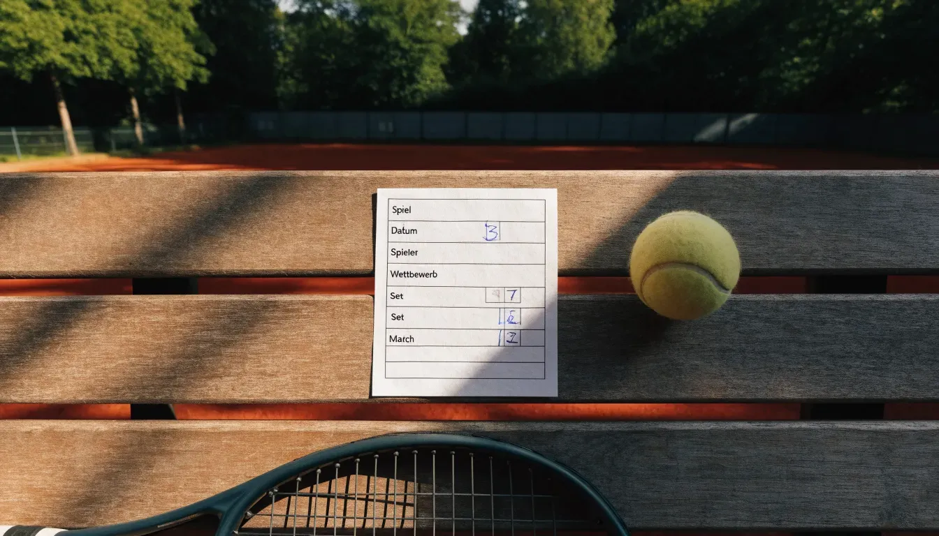 Ein Tennisball und ein Schläger ruhen auf einer Holzbank am Spielfeldrand, im Hintergrund hohe Bäume im Sommerlicht.