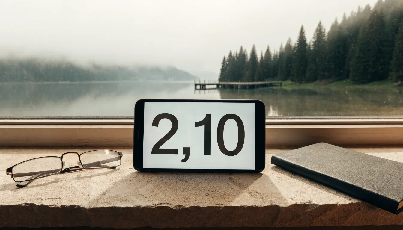 Ein Holzsteg führt über einen ruhigen Bergsee im Nebel, am anderen Ufer stehen dunkle Tannen.