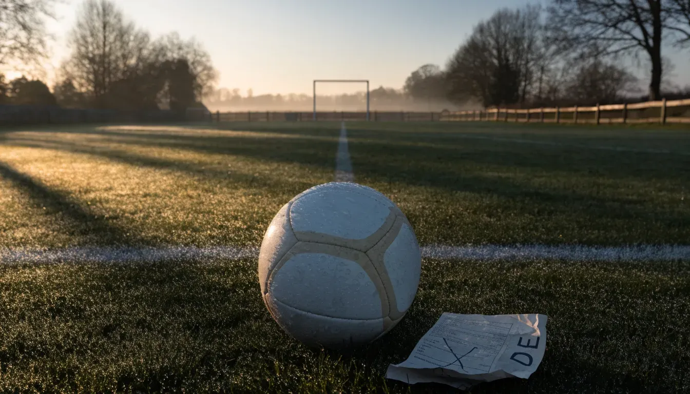 Ein Fussball liegt im Tau auf der Mittellinie eines Dorfplatzes bei Sonnenaufgang, der Rasen glitzert.