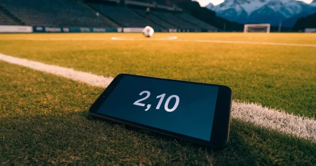 Ein Fussballplatz aus der Vogelperspektive mit sauberen Linien auf dichtem Rasen, in der Ferne verschneite Berge.