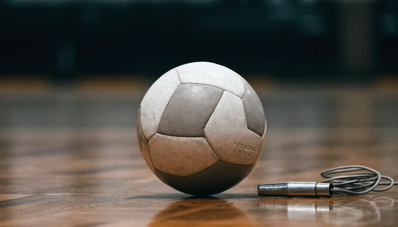 Ein kleiner, schwerer Ball liegt auf glattem Hallenparkett neben einer Trillerpfeife an einer Schnur.