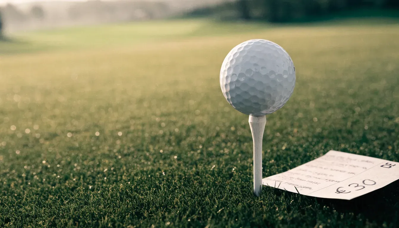 Ein Golfball liegt auf einem Holztee im Gras, scharf im Vordergrund, dahinter verschwimmt eine weite Wiese.