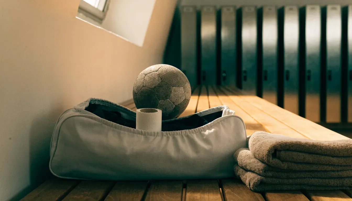 Eine Stofftasche mit Klebeband und zwei Handbällen steht auf einer Bank in einer Umkleide, Licht fällt durch ein kleines Fenster.
