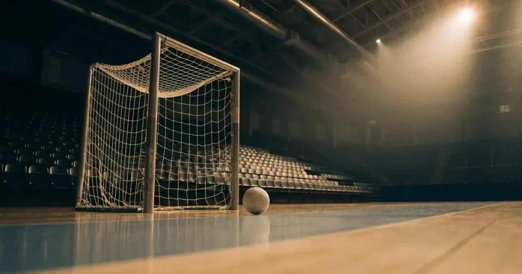 Ein Tor mit dicht gespanntem Netz steht in einer grossen Halle, davor liegt ein Handball auf der Torraumlinie.