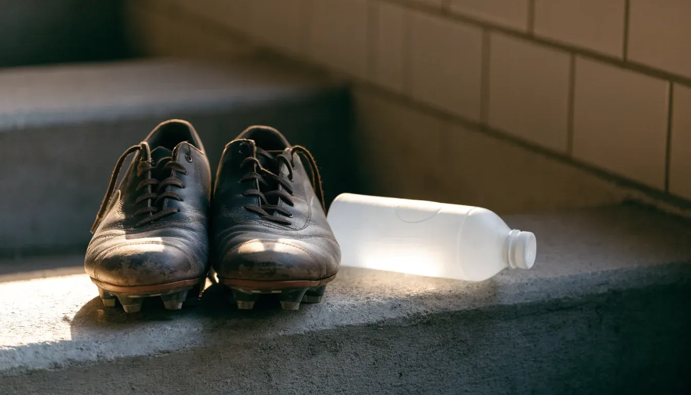 Ein Paar abgetragene Fussballschuhe steht neben einer Wasserflasche auf einer Treppenstufe im Sonnenlicht.