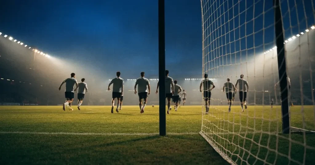 Ein Fussballplatz im Abendlicht mit langen Schatten der Torpfosten, die Rasenfläche leuchtet gelblich.