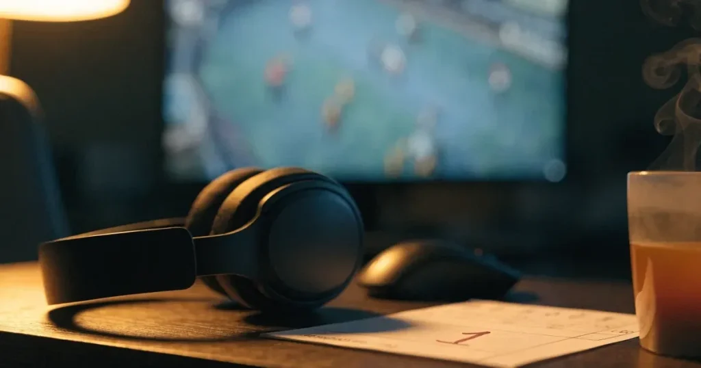 Ein Headset und eine Computermaus liegen auf einem dunklen Schreibtisch, daneben ein Becher mit dampfendem Tee.