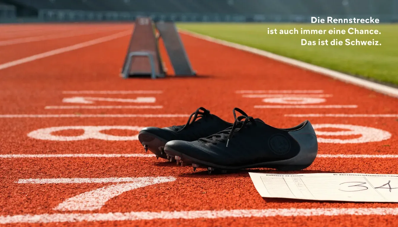 Ein Paar Laufschuhe mit Spikes liegt auf einer Tartanbahn neben einem Startblock, die Linien verlaufen in die Ferne.